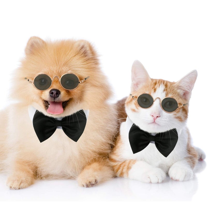 Syhood 2 Pieces Pets Dog Cat Bowtie Tie Sunglasses Pets Costume Adjustable Formal Necktie Collar for Cats Small Dogs Puppy Round Metal Classic Retro Sunglasses Grooming Accessories Cosplay Party(Black White) - Image 4